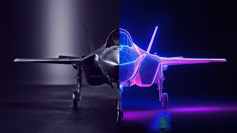 A fighter jet is shown head-on, with the left half in realistic shadows and the right half in a neon purple digital wireframe style, highlighting a contrast between reality and digital design.