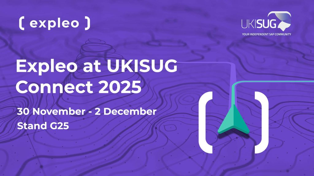Purple graphic with contour lines, Expleo and UKISUG logos, and text: “Expleo at UKISUG Connect 2025, 30 November - 2 December, Stand G25.” An abstract arrow points to a bracket symbol.