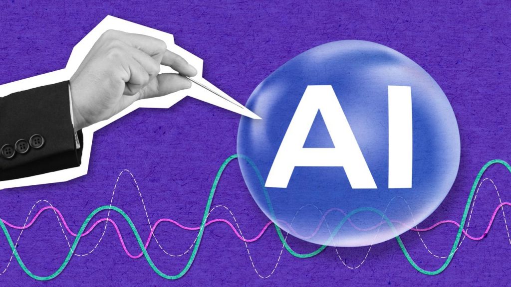 A hand holding a pin is about to pop a blue bubble labeled "AI" against a purple background with colorful, wavy lines at the bottom.