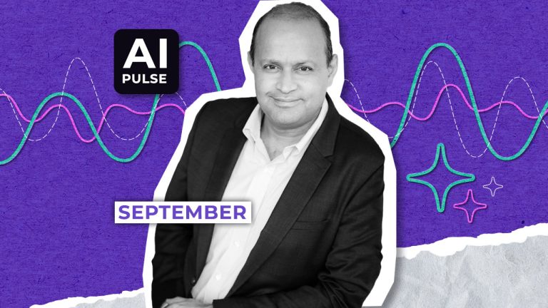 A man in a suit poses against a purple background with colorful wave lines. Text reads "AI Pulse" and "September." The design includes white torn paper edges and star-like shapes.