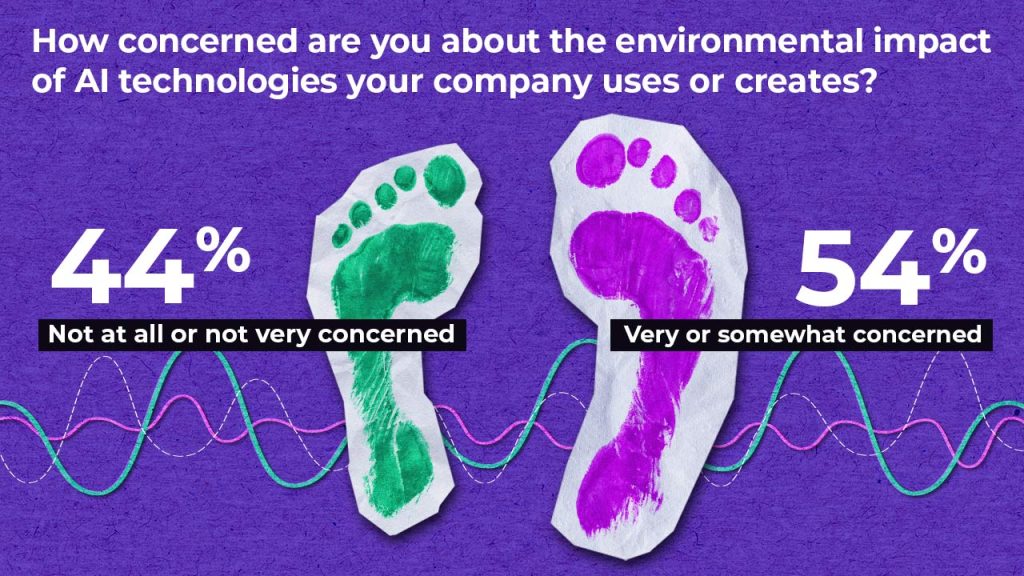 Two colorful painted footprints and text showing 44% are not at all or not very concerned, and 54% are very or somewhat concerned about the environmental impact of AI technologies their company uses or creates.