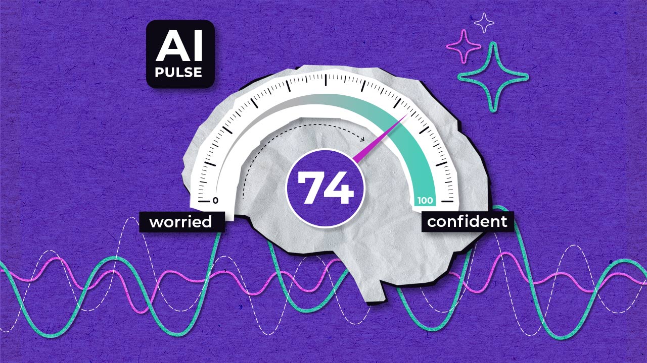 A graphic of a brain-shaped gauge reading "74" with a needle pointing toward "confident" rather than "worried." The label "AI Pulse" is in the top left, and colorful wave lines run across a purple background.
