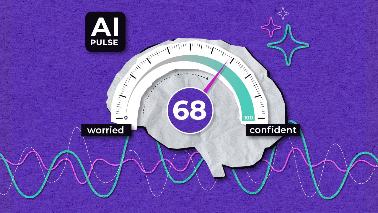 A graphic of a brain-shaped gauge with a needle pointing to 68 on a confidence scale from "worried" to "confident," labelled "AI Pulse," set against a purple background with colourful waveforms and star doodles.