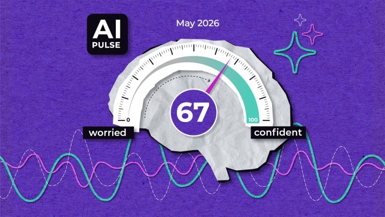 Illustration of a brain-shaped gauge labelled "AI Pulse," showing a score of 67 on a scale from "worried" to "confident." The date "May 2026" appears above, with colourful lines and stars in the background.