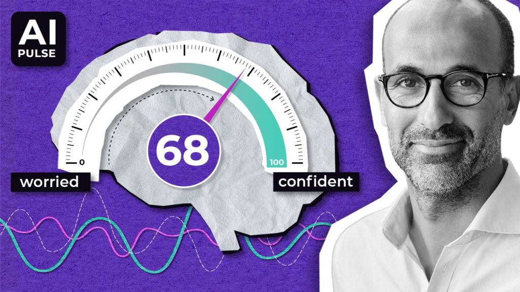 Illustration of a brain-shaped gauge showing a score of 68 on a scale from "worried" to "confident," with "AI Pulse" label and a smiling man with glasses on the right, set on a purple background with wave graphics.