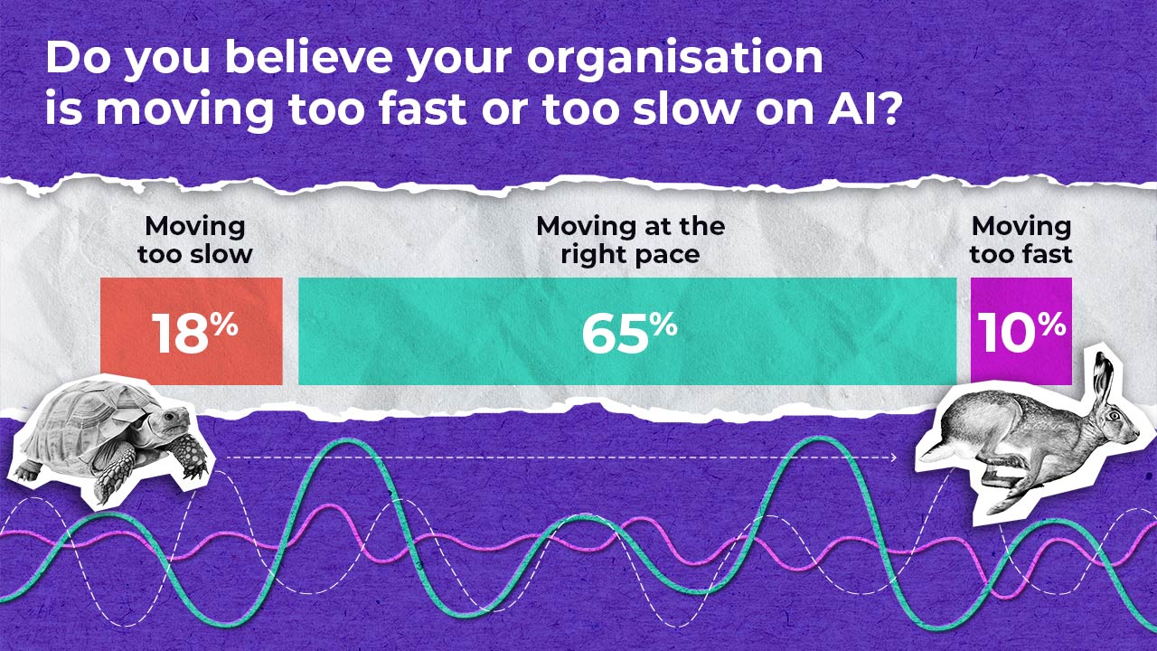 A survey graphic asks if organisations are moving too fast or too slow on AI. 18% say too slow (tortoise icon), 65% say right pace, and 10% say too fast (hare icon). Wavy coloured lines run in the background.