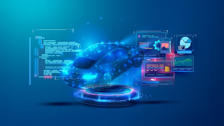 A futuristic digital illustration of a car surrounded by floating holographic screens displaying data, charts, and code, representing automotive technology and innovation on a blue gradient background.