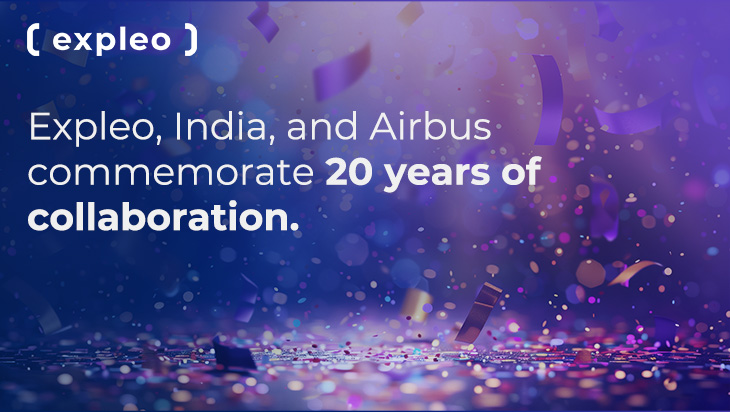 Expleo, India, and Airbus commemorate 20 years of collaboration, shown with bold white text on a purple background with confetti and celebratory lighting.