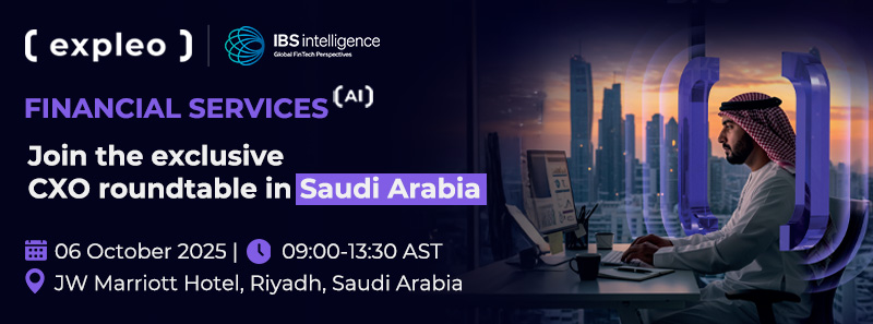 Banner for a CXO roundtable event in Saudi Arabia on financial services (AI), with event details: October 6, 2025, 9:00-13:30 AST, JW Marriott Hotel, Riyadh. A man using a laptop is shown with a city skyline background.