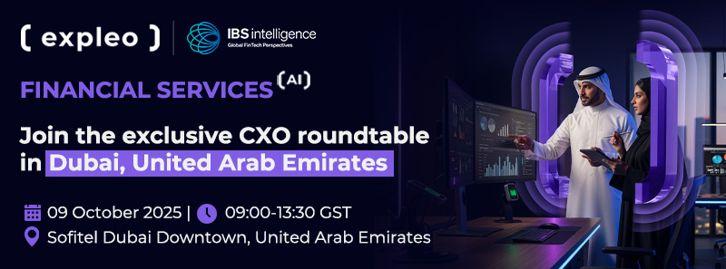 Banner for a financial services AI roundtable in Dubai, UAE, showing business professionals in traditional Emirati and Western attire discussing data on screens. Event details: Oct 9, 2025, Sofitel Dubai Downtown, 9:00-13:30 GST.