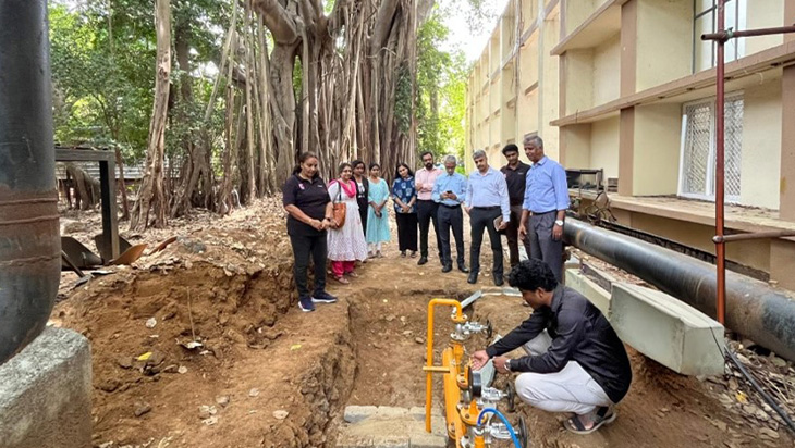 A group of people observe a man working on a yellow piping system outdoors near a building, with large trees and exposed soil around the area.