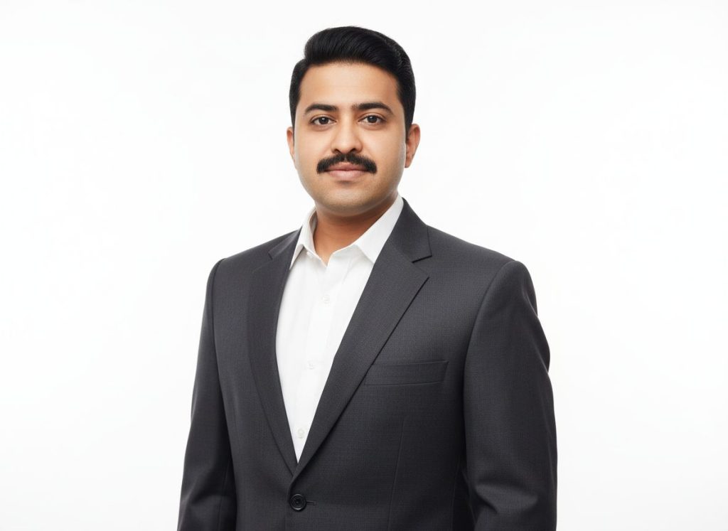 A man with dark hair and a moustache wears a white shirt and dark suit jacket, standing against a plain white background.