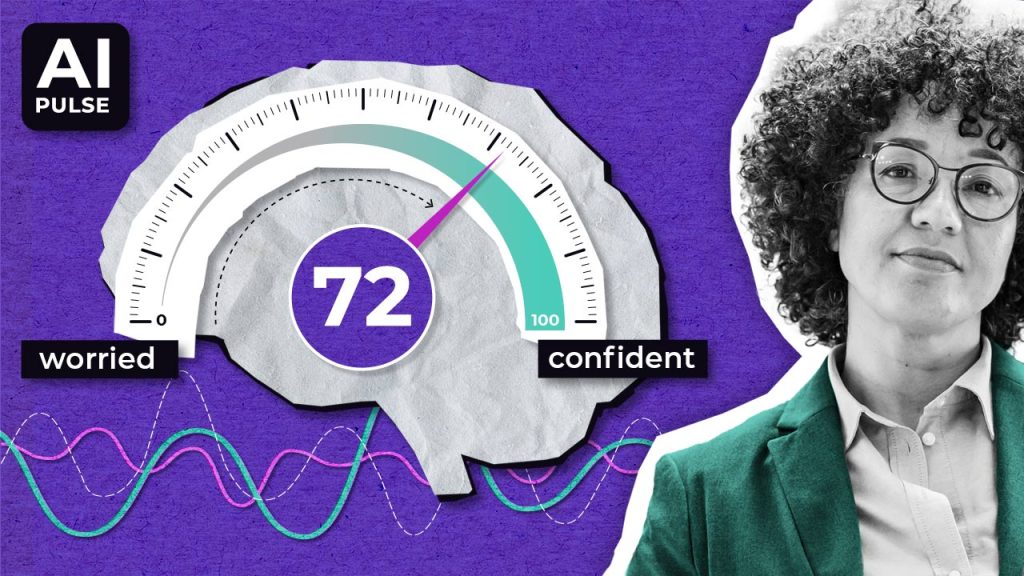 A graphic shows a brain-shaped gauge reading 72 out of 100, labeled "worried" on the left and "confident" on the right. A woman with curly hair and glasses stands on the right. The background is purple with wave patterns.