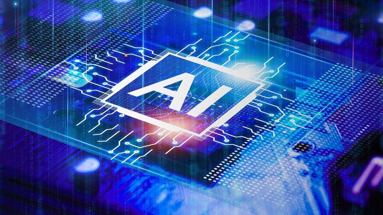 A glowing microchip with "AI" in the center is surrounded by digital circuits and a blue, tech-themed background, symbolizing artificial intelligence and advanced technology.