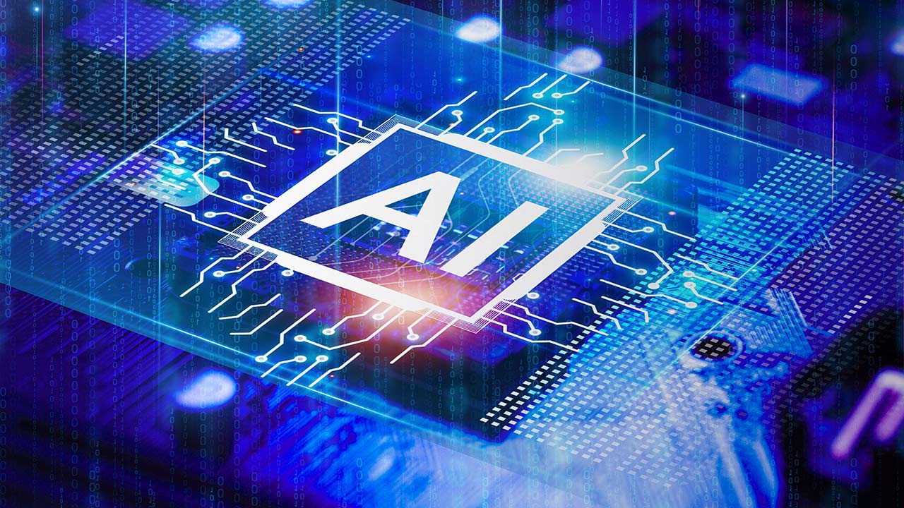 A glowing microchip with "AI" in the center is surrounded by digital circuits and a blue, tech-themed background, symbolizing artificial intelligence and advanced technology.
