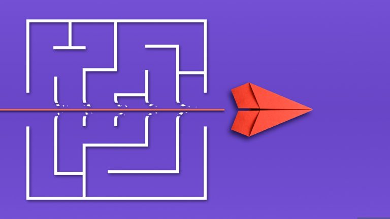 A red paper airplane flies in a straight line, cutting through a white maze on a purple background, symbolizing finding a direct solution to a complex problem.