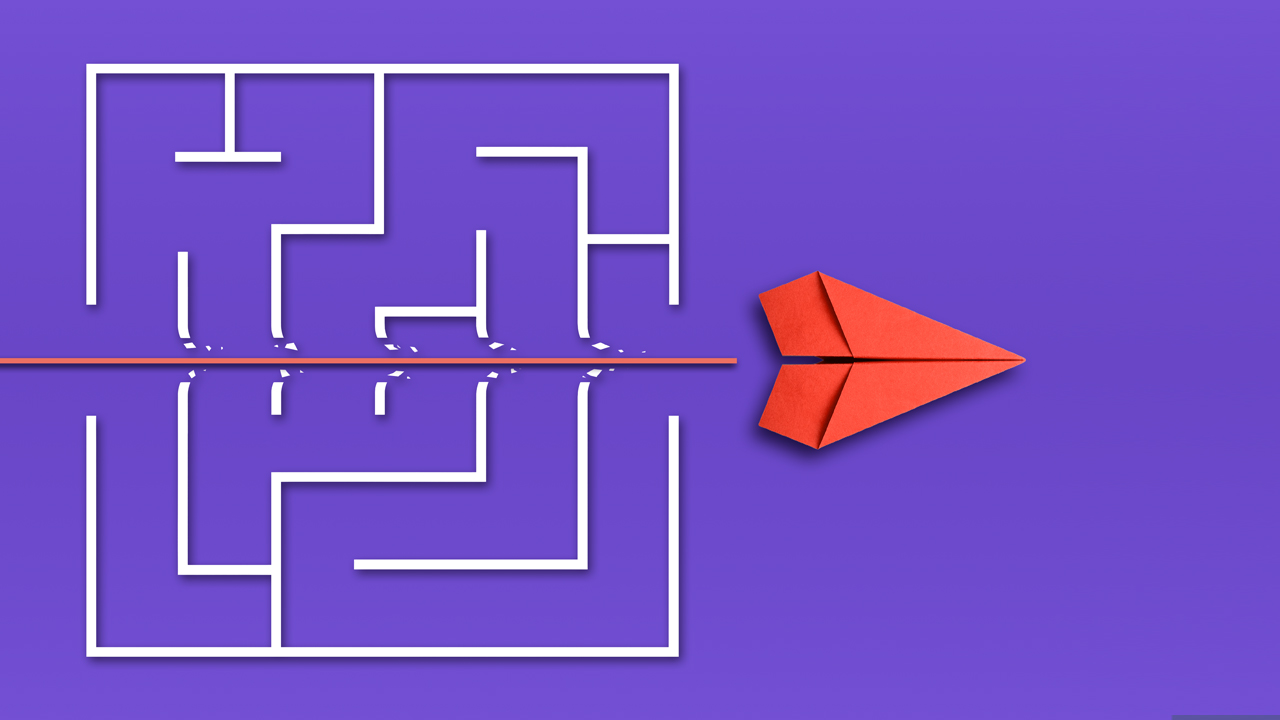A red paper airplane flies in a straight line, cutting through a white maze on a purple background, symbolizing finding a direct solution to a complex problem.