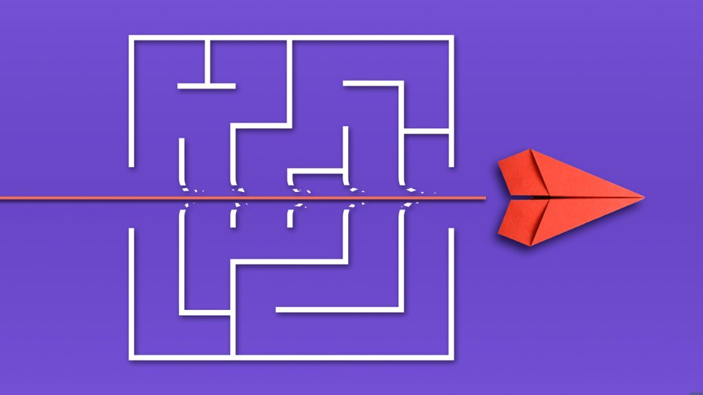 A red paper airplane flies straight through a white maze on a purple background, leaving a dashed trail and bypassing the maze's twists and turns.
