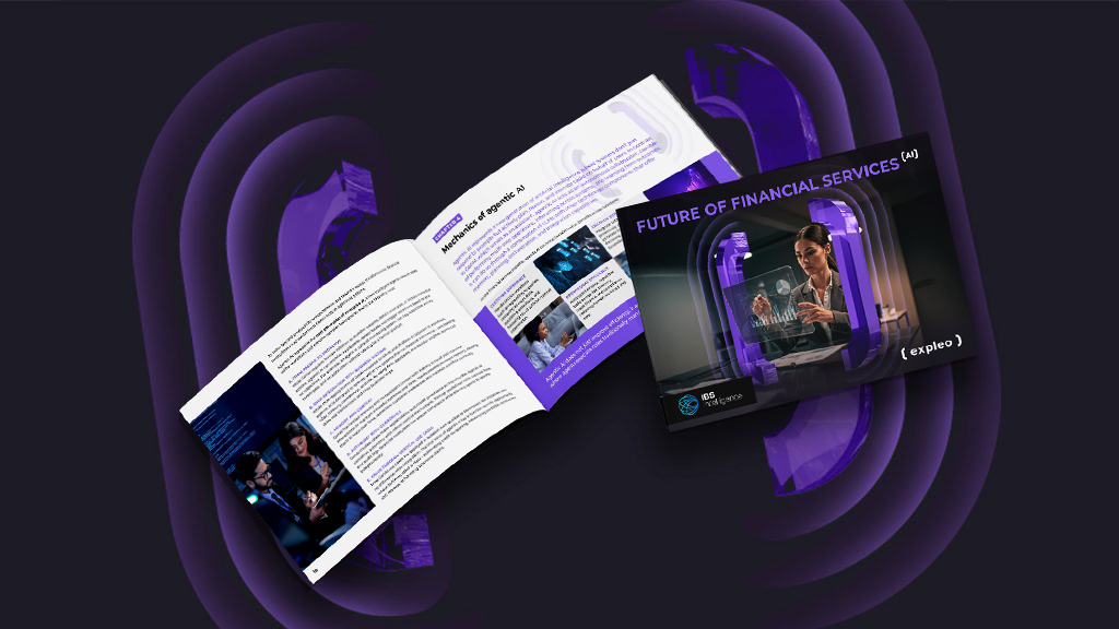 An open booklet and a closed booklet with the cover titled "Future of Financial Services," featuring a woman using holographic technology, both displayed on a dark, abstract purple background.