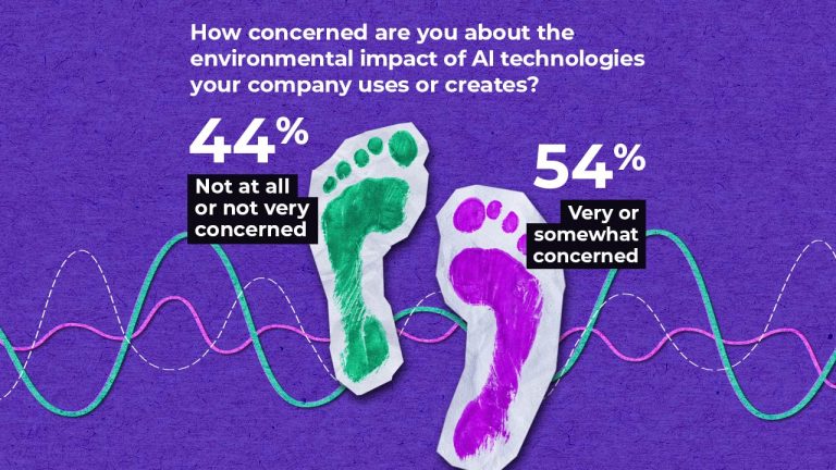 A graphic shows two painted footprints, one green and one purple, with text above asking about concern for AI technologies’ environmental impact. 44% are not or not very concerned; 54% are very or somewhat concerned.