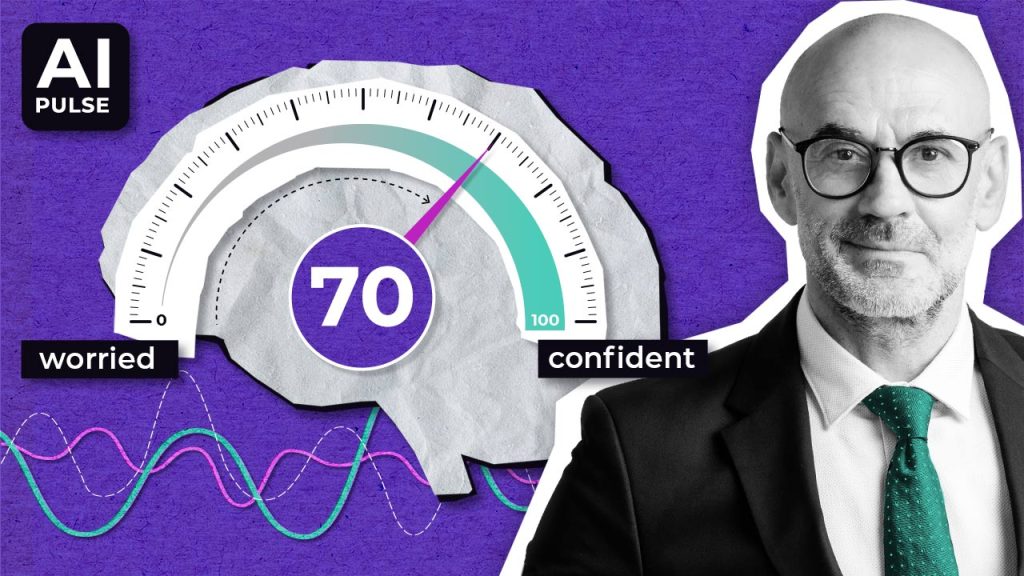 A gauge shaped like a brain shows a score of 70, with the needle pointing toward "confident" and away from "worried." A man in glasses and a suit stands on the right. The background is purple with wave patterns and the "AI Pulse" logo.