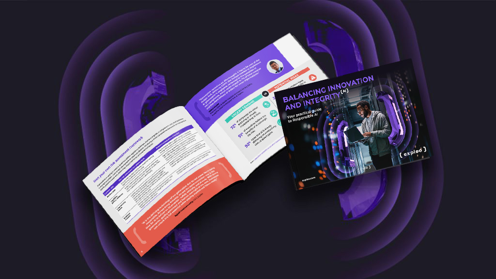 An open booklet with colorful pages and a separate page featuring a person speaking at a podium under the title “Balancing Innovation and Integrity.” The background has abstract, curved purple shapes.