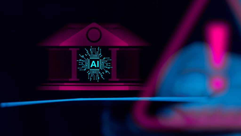 A stylized image of a bank building with a glowing AI microchip symbol in the center, and a blurred warning triangle with an exclamation mark in the foreground, all in neon colors on a dark background.