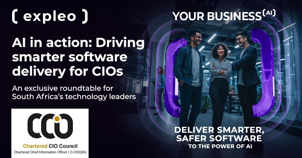 A promotional banner for an Expleo and Chartered CIO Council event titled “AI in action: Driving smarter software delivery for CIOs,” featuring three professionals smiling in a modern office, with event and AI-related text.