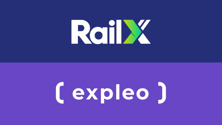 A two-part graphic: the top half has the "RailX" logo with a green and blue "X" on a dark blue background; the bottom half shows "( expleo )" in white lowercase letters on a purple background.