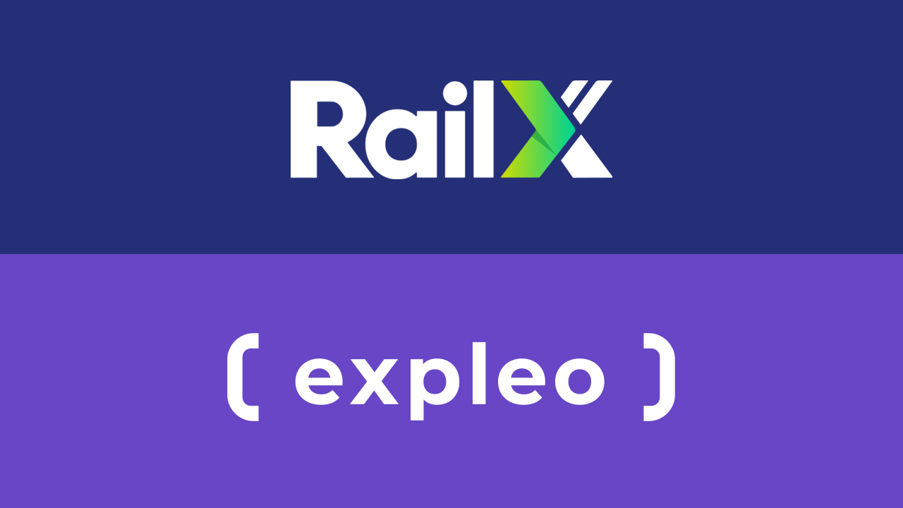 A two-part graphic: the top half has the "RailX" logo with a green and blue "X" on a dark blue background; the bottom half shows "( expleo )" in white lowercase letters on a purple background.