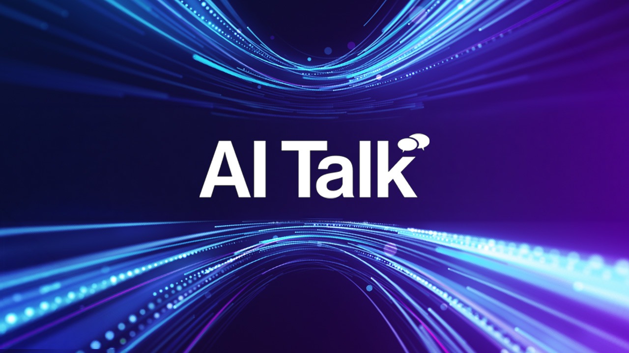 White text reading "AI Talk" with two speech bubble icons on a dark background, surrounded by swirling blue and purple light trails, creating a dynamic, futuristic effect.