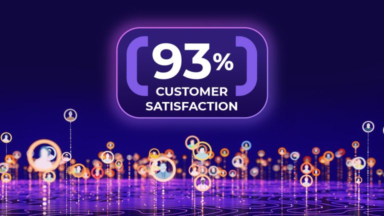 Graphic showing "93% Customer Satisfaction" in bold white text on a purple background, with glowing circular user icons and digital lines on a dark, futuristic background.