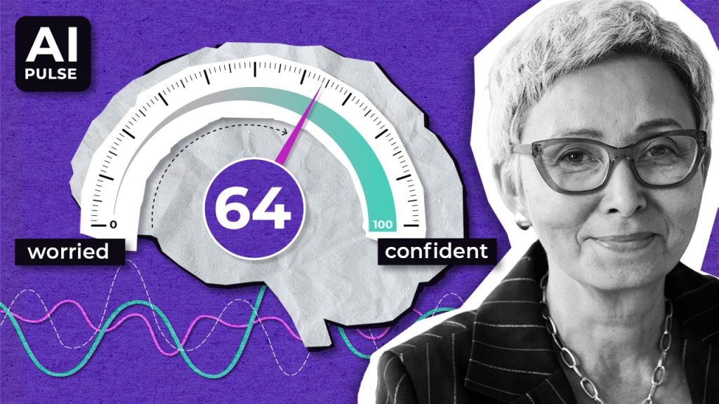 A greyscale photo of a smiling woman with short hair appears next to a brain-shaped gauge reading 64, on a scale from "worried" to "confident." Purple background with coloured wave lines, and "AI Pulse" text in the top left corner.