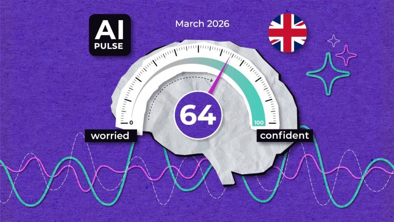 Illustration of a brain-shaped gauge showing a confidence score of 64 out of 100 for March 2026, labelled from "worried" to "confident," with the UK flag, AI Pulse logo, and colourful wave lines on a purple background.