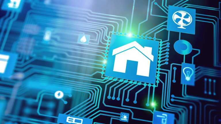 Blue digital illustration of a circuit board with a central house icon, surrounded by smart home technology symbols like a thermostat, lightbulb, and fan, representing smart home automation powered by Bord Gáis Energy.