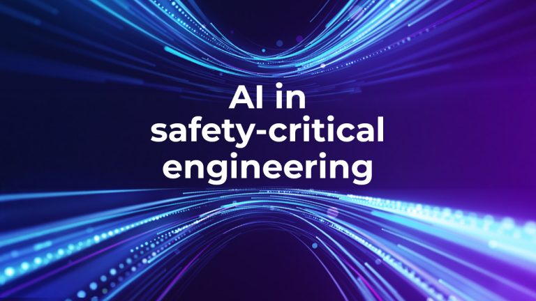 Text "AI in safety-critical engineering" over a futuristic, abstract background of blue and purple light trails and glowing lines, suggesting advanced technology and innovation.