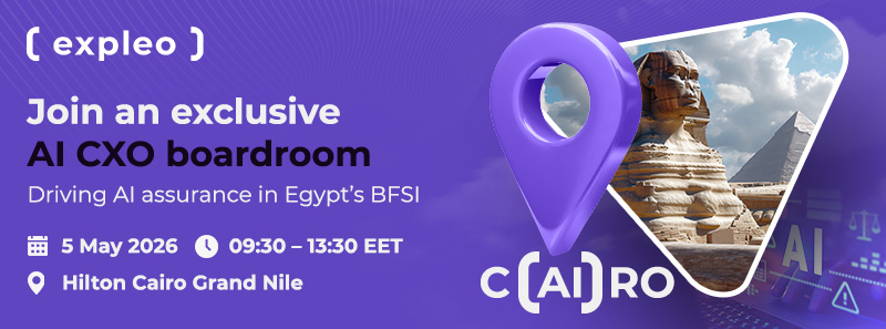 Purple event banner with text: "Join an exclusive AI CXO boardroom—Driving AI assurance in Egypt’s BFSI." Includes date, time, and location, plus an image of the Sphinx and pyramids merged with a map pin icon.