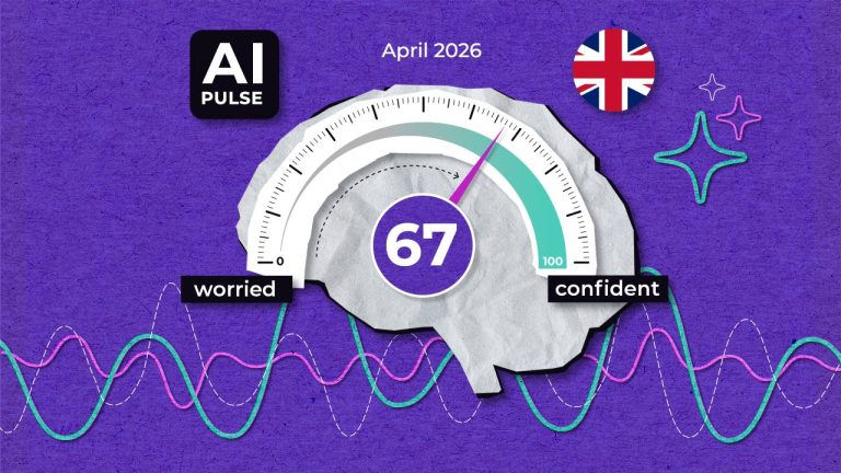 A graphic of a brain-shaped gauge shows a confidence score of 67 out of 100, closer to “confident” than “worried.” The background is purple with a UK flag, AI Pulse logo, and “April 2026” at the top.