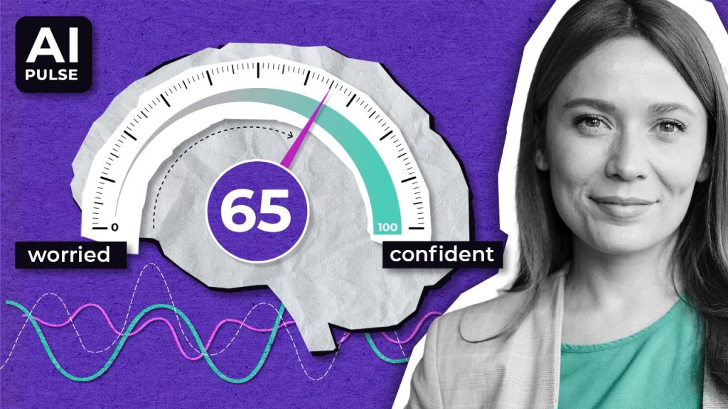 A graphic shows a woman's face next to a brain-shaped gauge reading "65" on a scale from worried to confident, labelled "AI Pulse." Colourful data lines run along the bottom on a purple background.
