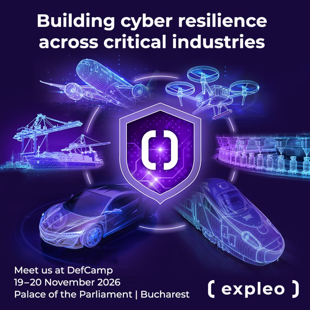 Building cyber resilience across critical industries: A digital shield graphic surrounded by wireframe icons of an aeroplane, drone, shipping crane, factory line, car, and train, with event details for DefCamp, 19–20 November 2026, in Bucharest.