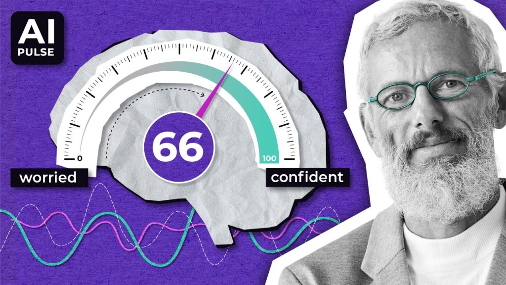 A graphic shows a brain-shaped gauge reading 66, labelled from "worried" to "confident." "AI Pulse" is in the corner. A man with a beard, glasses, and a suit jacket is on the right, with colourful wave lines at the bottom.