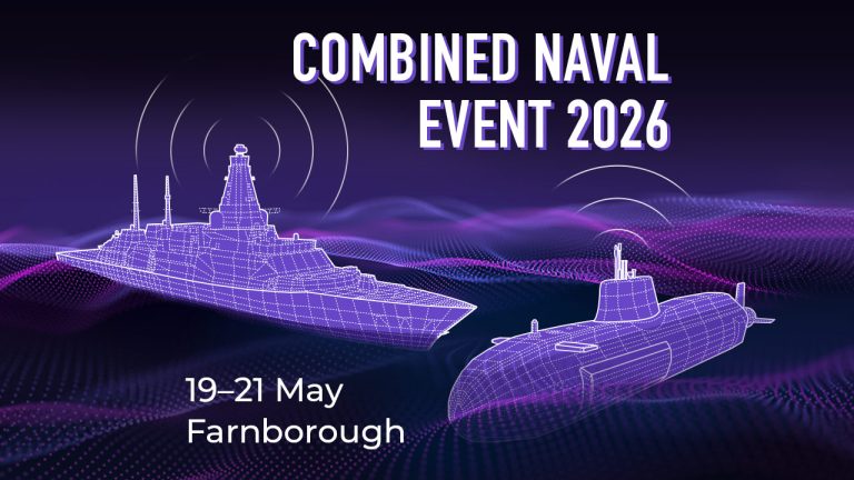 Digital illustration of a warship and a submarine with the text “Combined Naval Event 2026, 19–21 May, Farnborough” on a purple and blue wavy background.