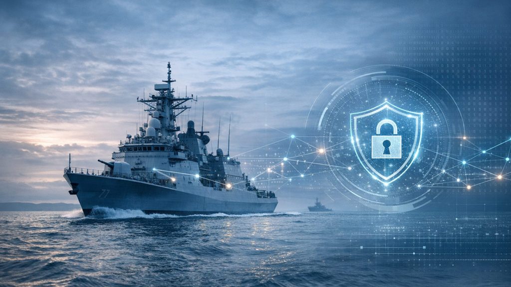 A navy warship sails on the ocean at dusk, while a digital shield with a padlock icon and network connections is superimposed, symbolising cybersecurity and protection in maritime operations.