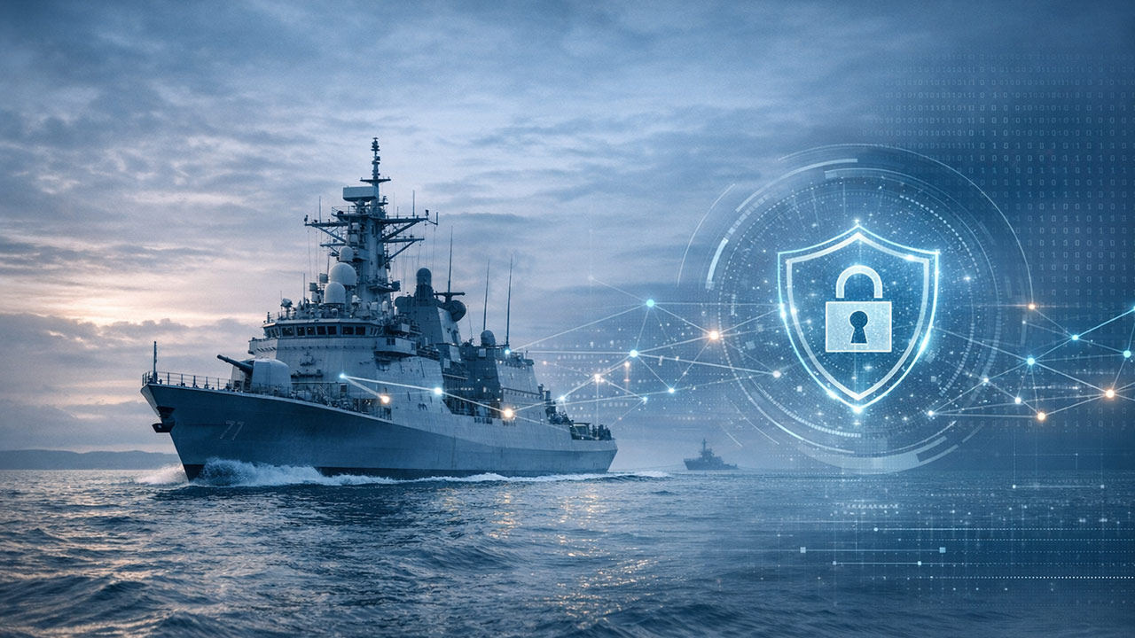 A navy warship sails on the ocean at dusk, while a digital shield with a padlock icon and network connections is superimposed, symbolising cybersecurity and protection in maritime operations.
