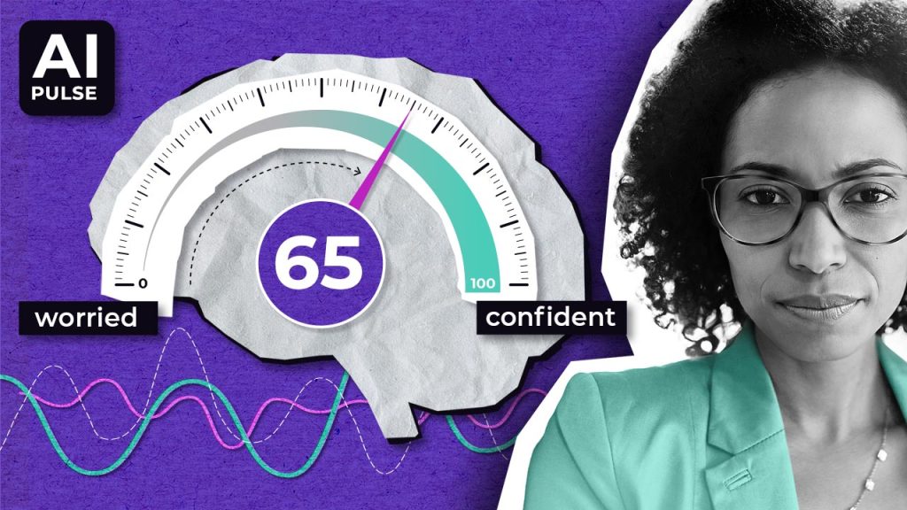 A gauge shaped like a brain shows a score of 65 between "worried" and "confident." Colourful wave graphs are below. On the right, a woman in glasses and a teal jacket looks confident. "AI Pulse" is written at the top left.