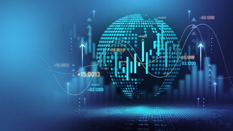 Digital illustration of a glowing globe made of dots with financial charts, bar graphs, and upward-pointing arrows, symbolising global finance, stock market growth, and economic data on a blue background.