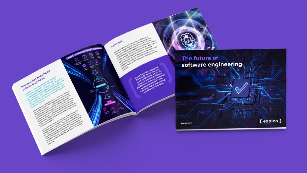 Two booklets are shown on a purple background. One is open, displaying text and futuristic tech graphics. The other is closed, with the title "The future of software engineering" and a digital circuit tick design.
