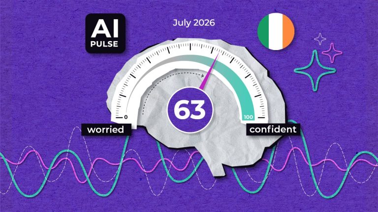 A gauge over a brain shape shows “63” between “worried” and “confident”. Text reads “AI Pulse” and “July 2026”. An Ireland flag and colourful waveforms are also present on a purple background.