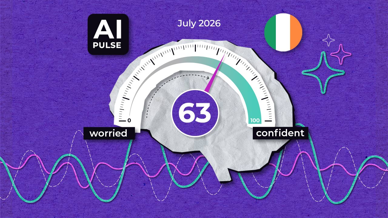 A gauge over a brain shape shows “63” between “worried” and “confident”. Text reads “AI Pulse” and “July 2026”. An Ireland flag and colourful waveforms are also present on a purple background.