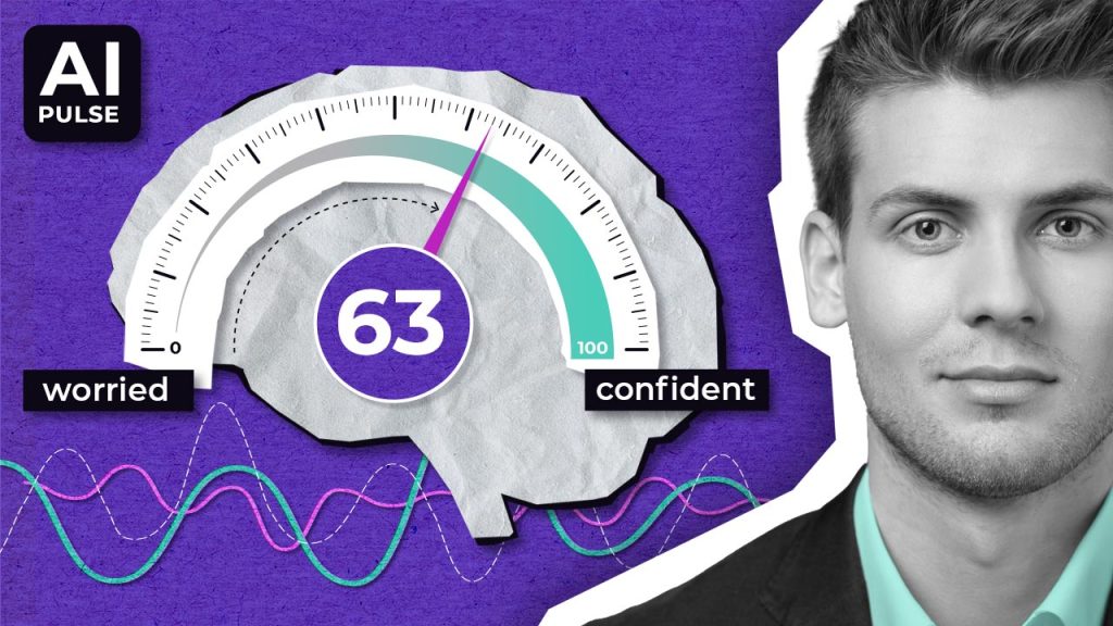A gauge shaped like a brain reads 63 on a scale from “worried” to “confident.” Wavy lines appear beneath, and a man in a suit is partially visible on the right. The background is purple with “AI PULSE” in the corner.
